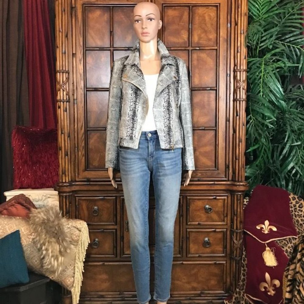 Stone Skinny Python Zip Sleeve Moto Jacket - Picture 7 of 16